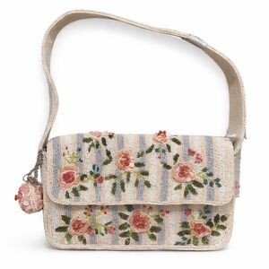Viral Rose Flower Striped Beaded Bag NWT